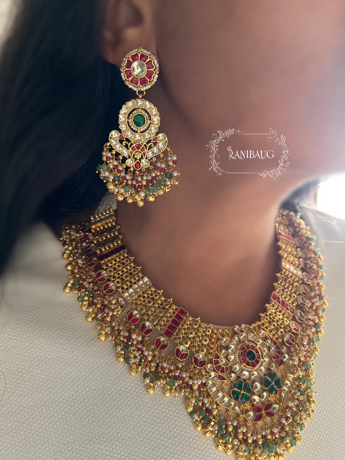 Chitra Floral Motifs Vintage Style Intricate Paachi Kundan Work Beaded Heritage Necklace Set By Ranibaug