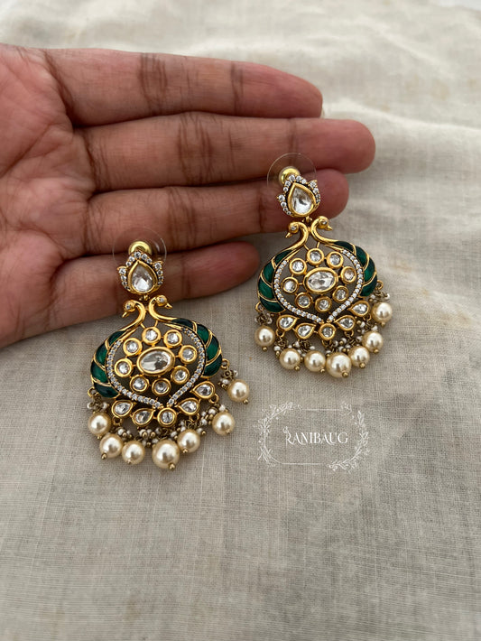 Chitra Rich Gold Finish Emerald Green Peacock Motif Mossainite Polki Dangler Festive Earrings By Ranibaug