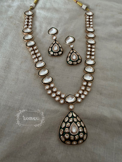 Chitra Teardrop Motif Mossainite Polki Matt Gold Finish Necklace Set By Ranibaug