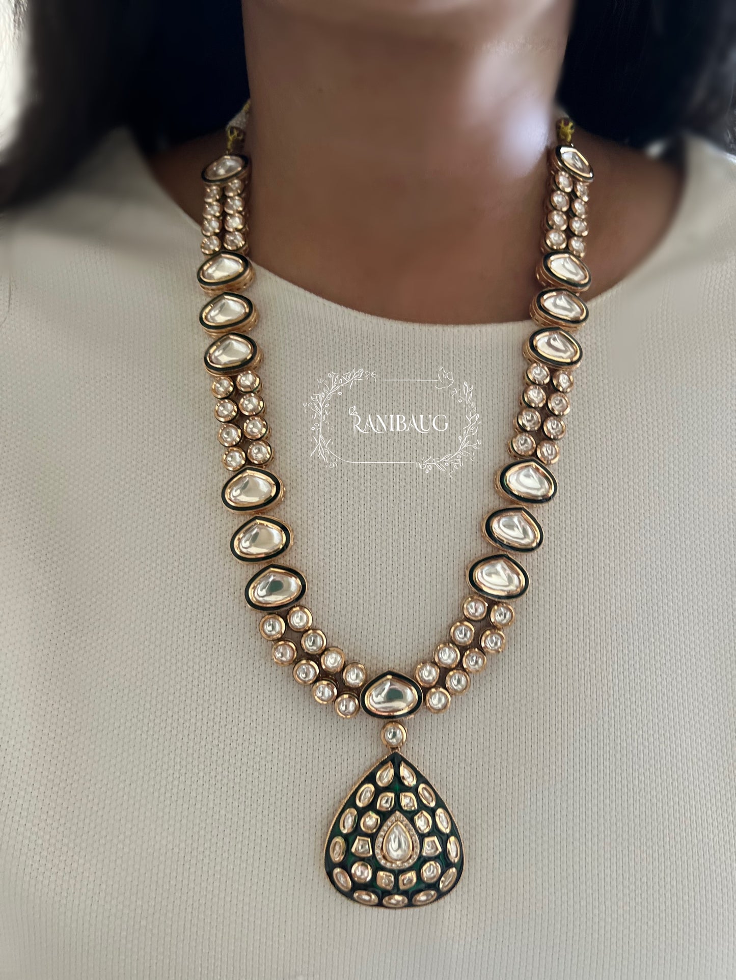 Chitra Teardrop Motif Mossainite Polki Matt Gold Finish Necklace Set By Ranibaug
