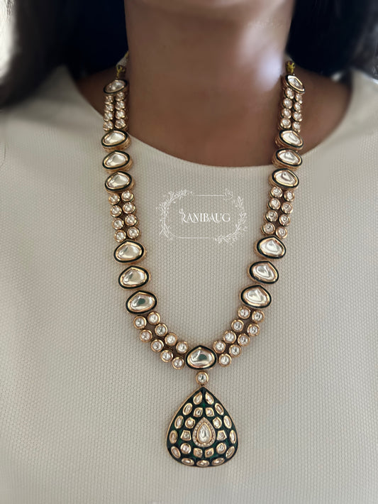 Chitra Teardrop Motif Mossainite Polki Matt Gold Finish Necklace Set By Ranibaug