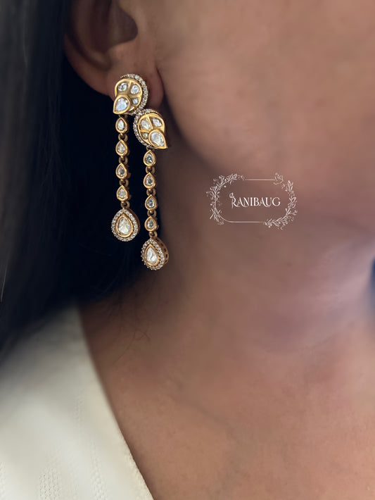 Crystal Gold Plated Kundan Studded Drop Earrings by Ranibaug