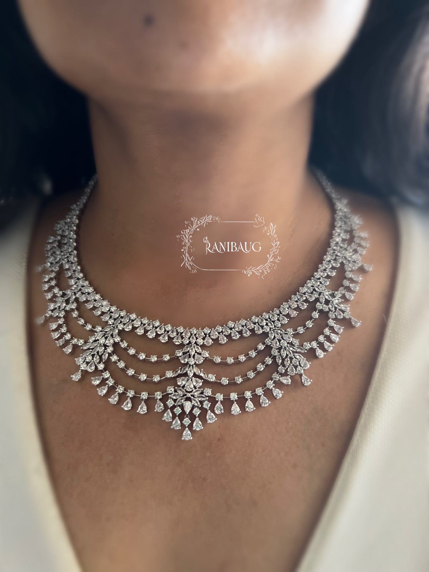Cynthia Silver Tone Finsih Layered Rich Diamond Stones Studded Royal Statement Set By Ranibaug