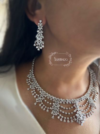 Cynthia Silver Tone Finsih Layered Rich Diamond Stones Studded Royal Statement Set By Ranibaug