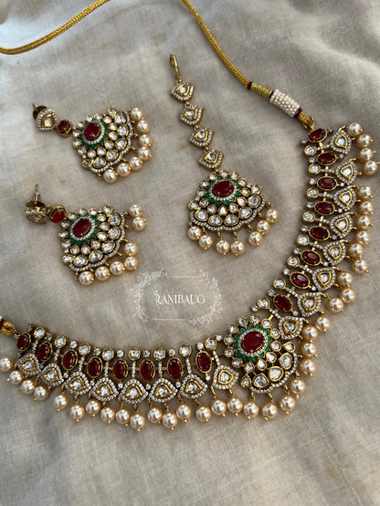 Kumud Light Green Teardrop Center Motif Two Layered Kundan Studded Gold Finish Premium Festive Necklace Set By Ranibaug