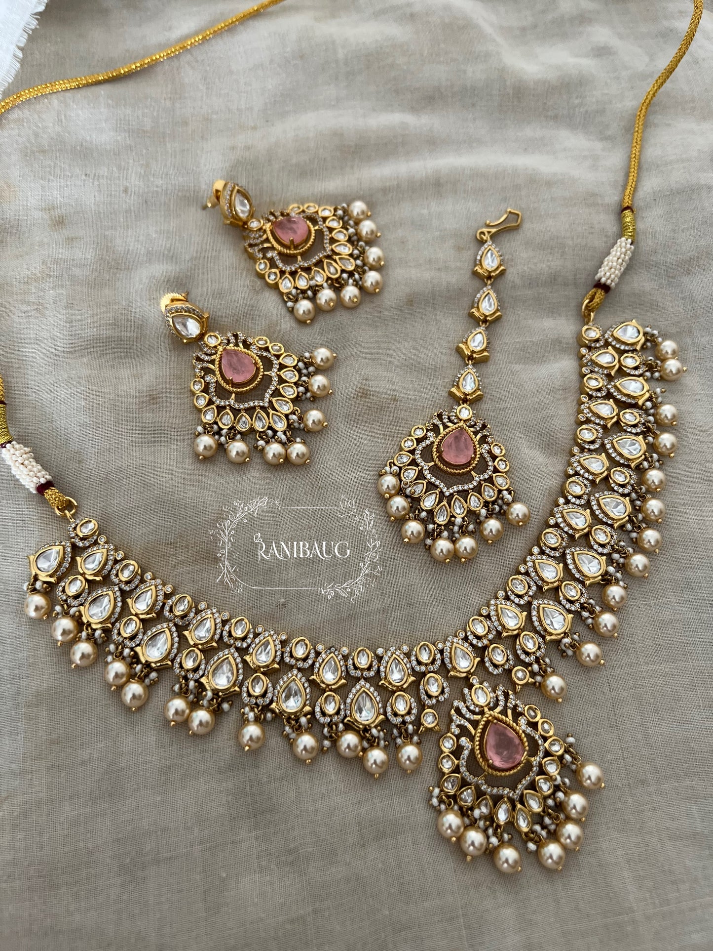 Aira Modern Traditional Minimal Mossainite Polki Adorned Necklace In Teardrop Motifs In Rich Gold Finish By Ranibaug