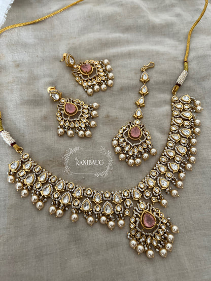 Aira Modern Traditional Minimal Mossainite Polki Adorned Necklace In Teardrop Motifs In Rich Gold Finish By Ranibaug