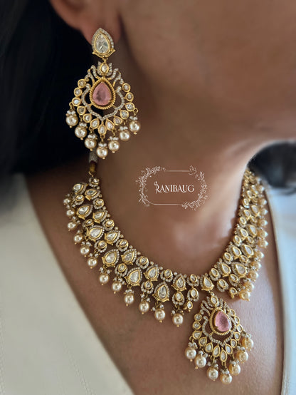 Aira Modern Traditional Minimal Mossainite Polki Adorned Necklace In Teardrop Motifs In Rich Gold Finish By Ranibaug