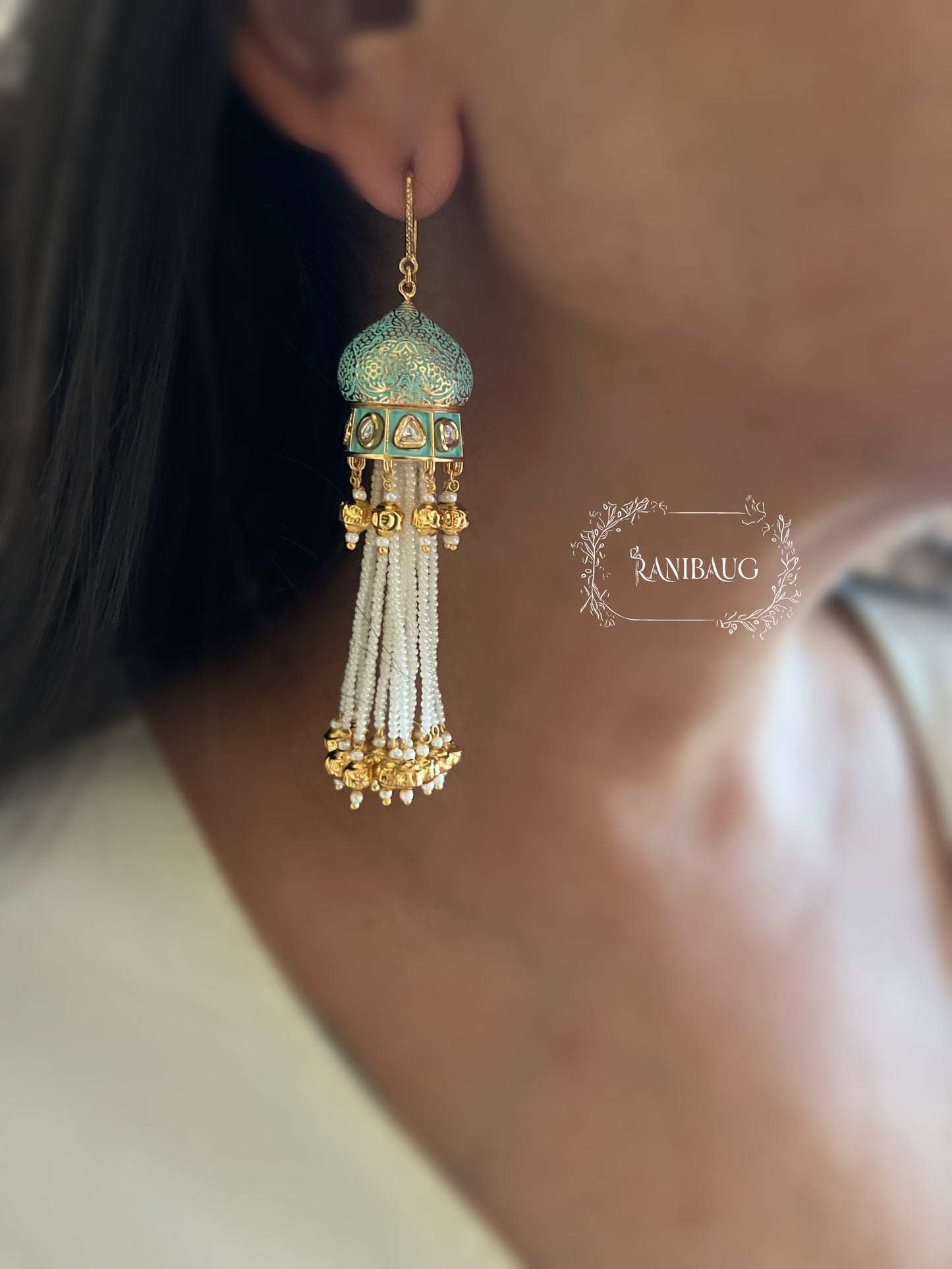 Damini Gold Pearl Tassel Fringe Long Traditional Earrings By Ranibaug