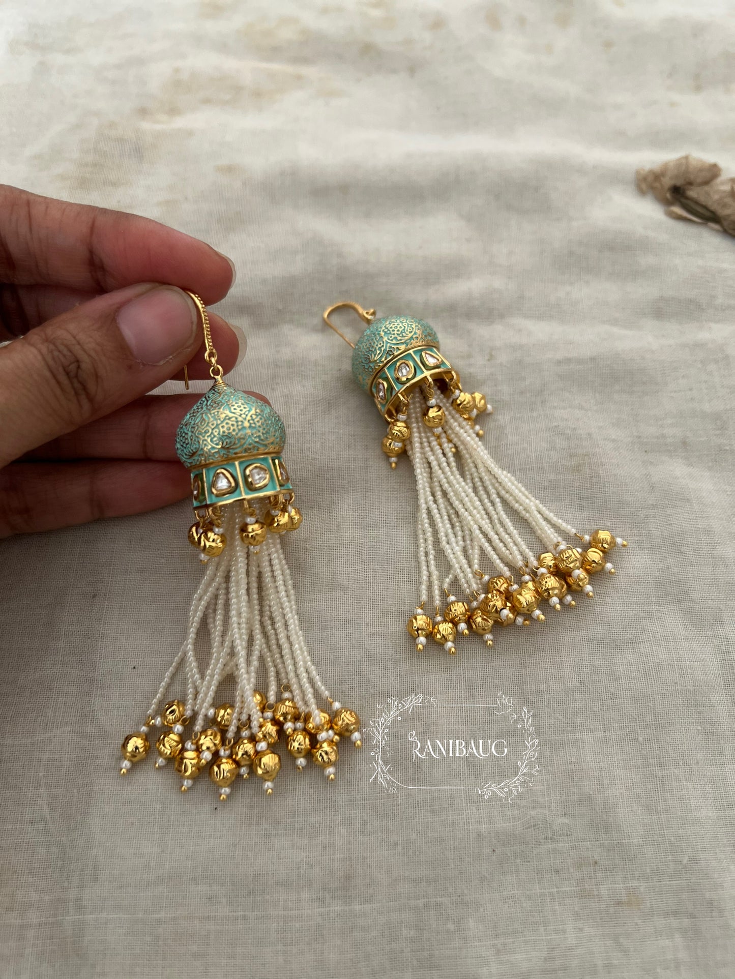 Damini Gold Pearl Tassel Fringe Long Traditional Earrings By Ranibaug
