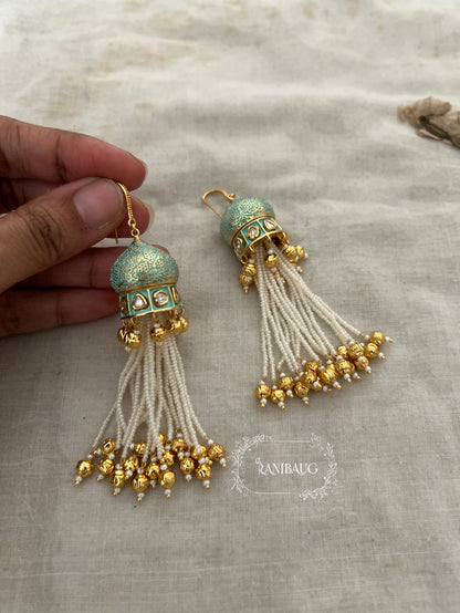 Damini Gold Pearl Tassel Fringe Long Traditional Earrings By Ranibaug