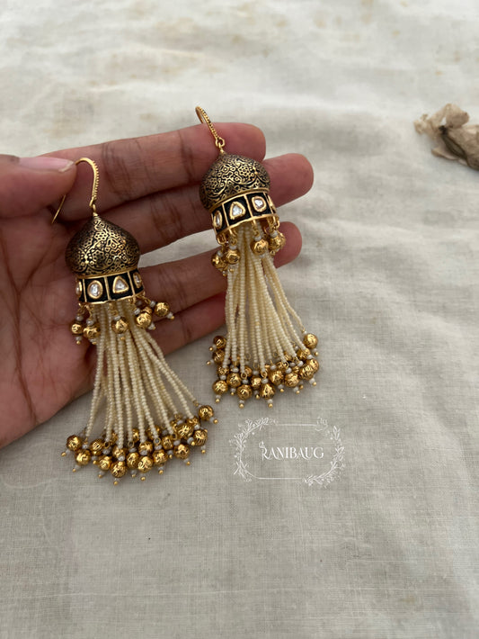 Damini Gold Pearl Tassel Fringe Long Traditional Earrings By Ranibaug