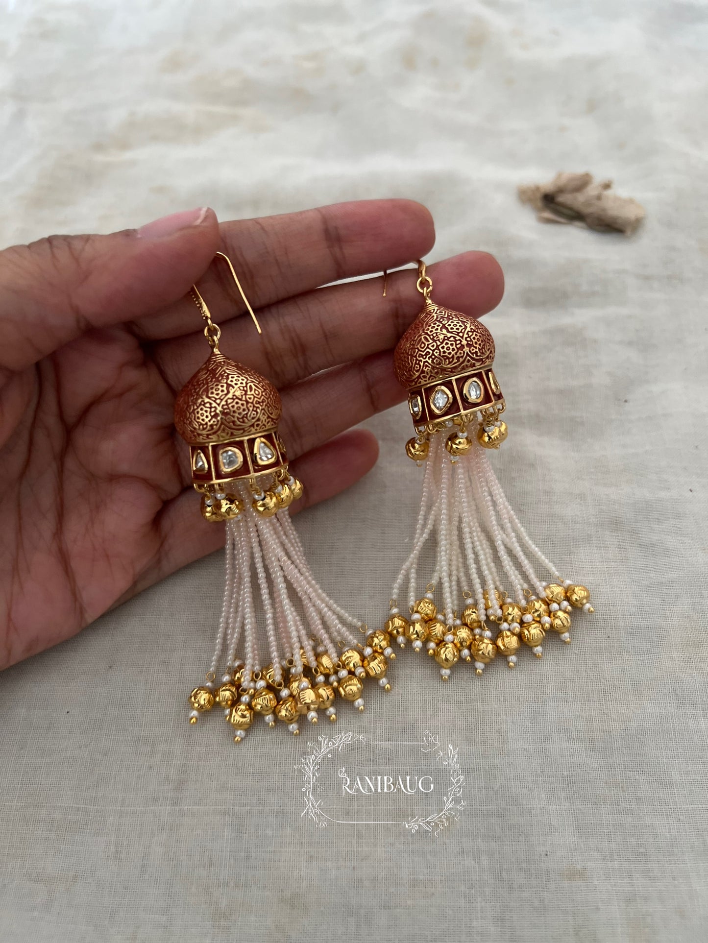 Damini Gold Pearl Tassel Fringe Long Traditional Earrings By Ranibaug