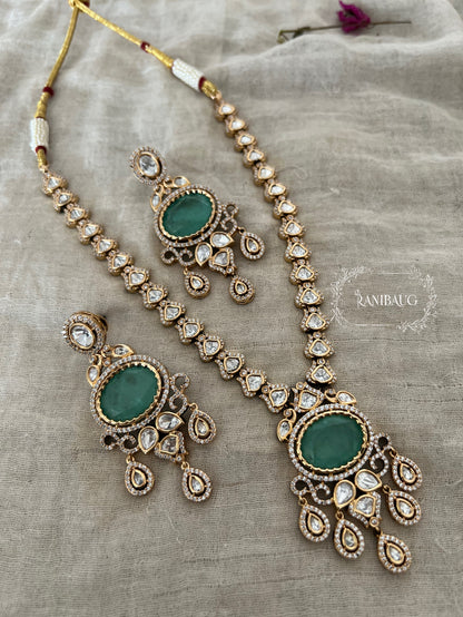 Danuja Long Polki Mossainite Necklace Jewellery Set By Ranibaug