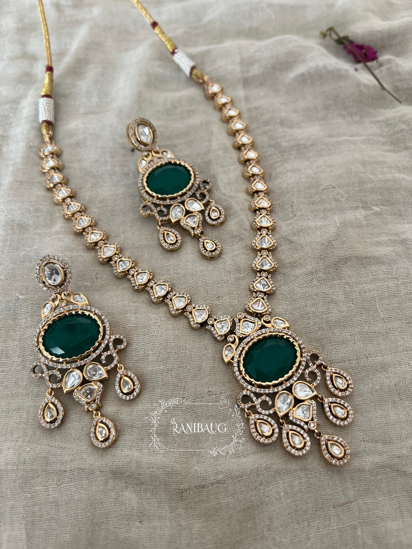 Danuja Long Polki Mossainite Necklace Jewellery Set By Ranibaug