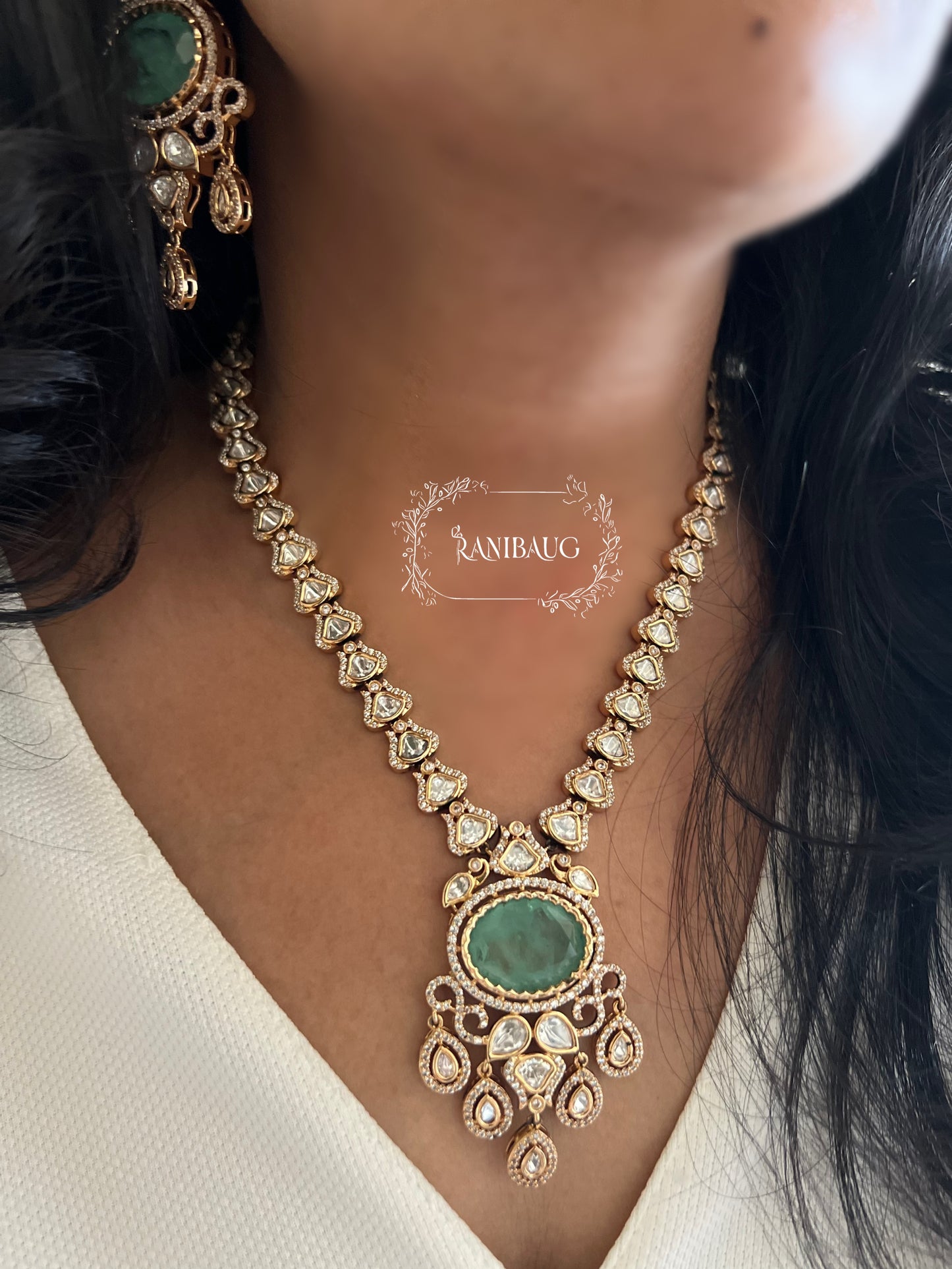 Danuja Long Polki Mossainite Necklace Jewellery Set By Ranibaug