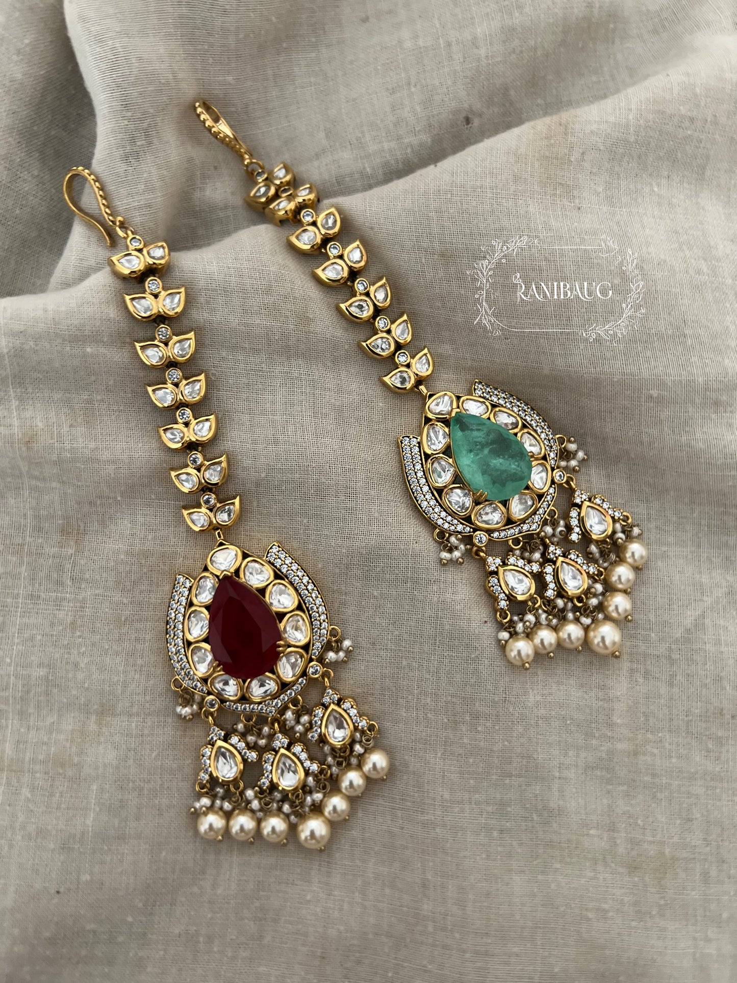 Deepika Indian Gemstone Polki Kundan Pearl Clusters Maang Tikka In Rich Gold Tone By Ranibaug | Hair Jewellery 2026