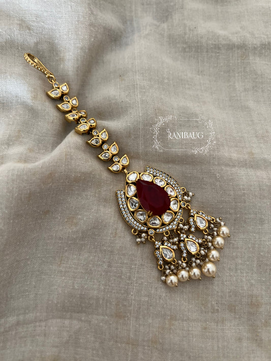 Deepika Indian Gemstone Polki Kundan Pearl Clusters Maang Tikka In Rich Gold Tone By Ranibaug | Hair Jewellery 2026