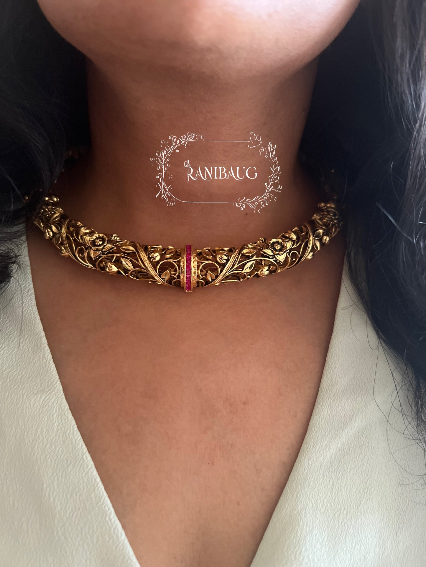 Deepti Hasli Antique Gold Finish Unique Neck Piece Jewelry Set With Intricate Floral Work By Ranibaug