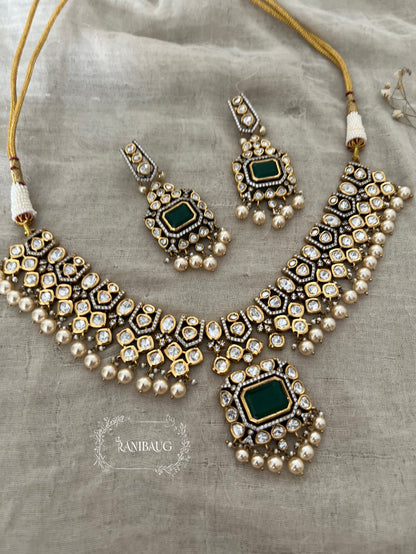 Devika Indian Polki Kundan Studded Gold Plated Gemstone Jewellery Set By Ranibaug