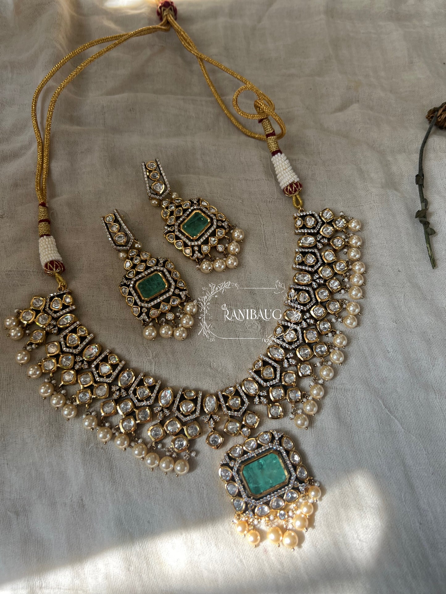 Devika Indian Polki Kundan Studded Gold Plated Gemstone Jewellery Set By Ranibaug