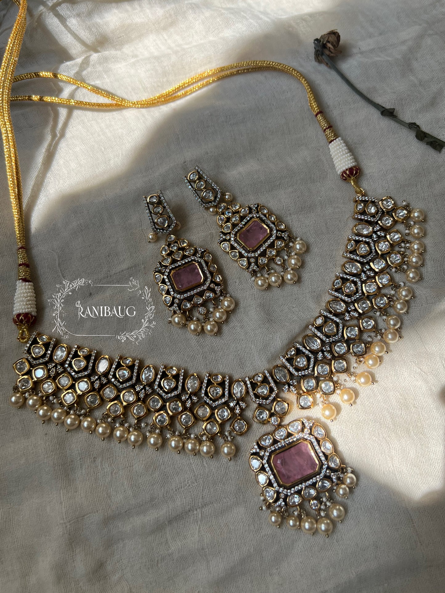 Devika Indian Polki Kundan Studded Gold Plated Gemstone Jewellery Set By Ranibaug