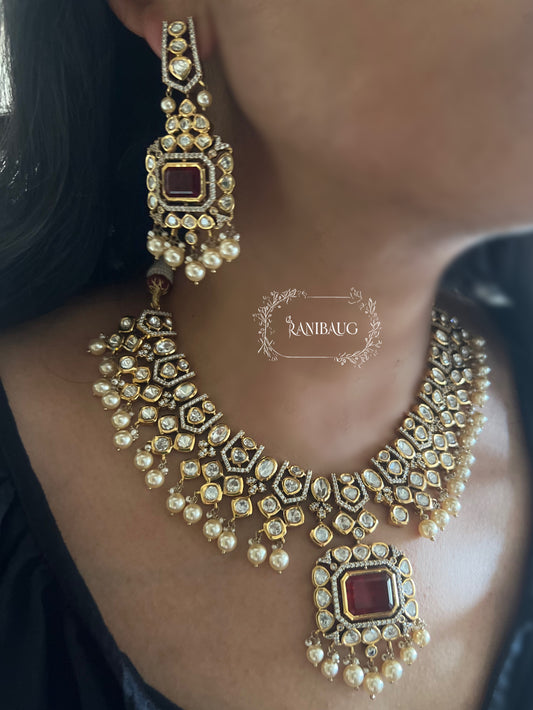 Devika Indian Polki Kundan Studded Gold Plated Gemstone Jewellery Set By Ranibaug