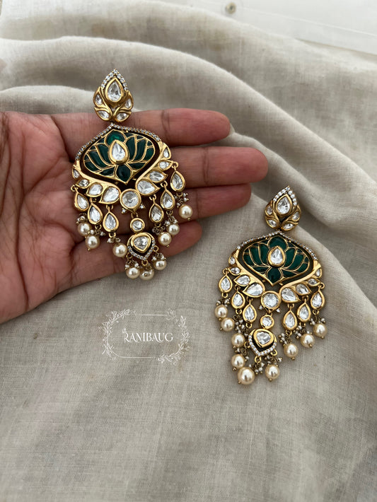 Devika Lotus Motif Emerald Green Color Polki Studded Rich Gold Finish Pearl Dangler Earrings By Ranibaug