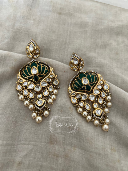 Devika Lotus Motif Emerald Green Color Polki Studded Rich Gold Finish Pearl Dangler Earrings By Ranibaug