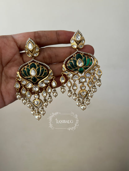 Devika Lotus Motif Emerald Green Color Polki Studded Rich Gold Finish Pearl Dangler Earrings By Ranibaug