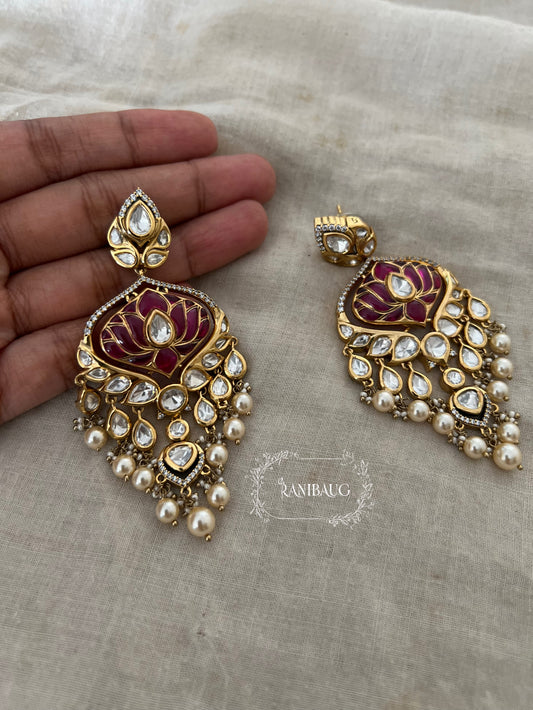 Devika Lotus Motif Emerald Green Color Polki Studded Rich Gold Finish Pearl Dangler Earrings By Ranibaug
