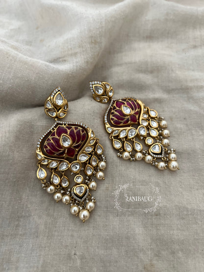 Devika Lotus Motif Emerald Green Color Polki Studded Rich Gold Finish Pearl Dangler Earrings By Ranibaug