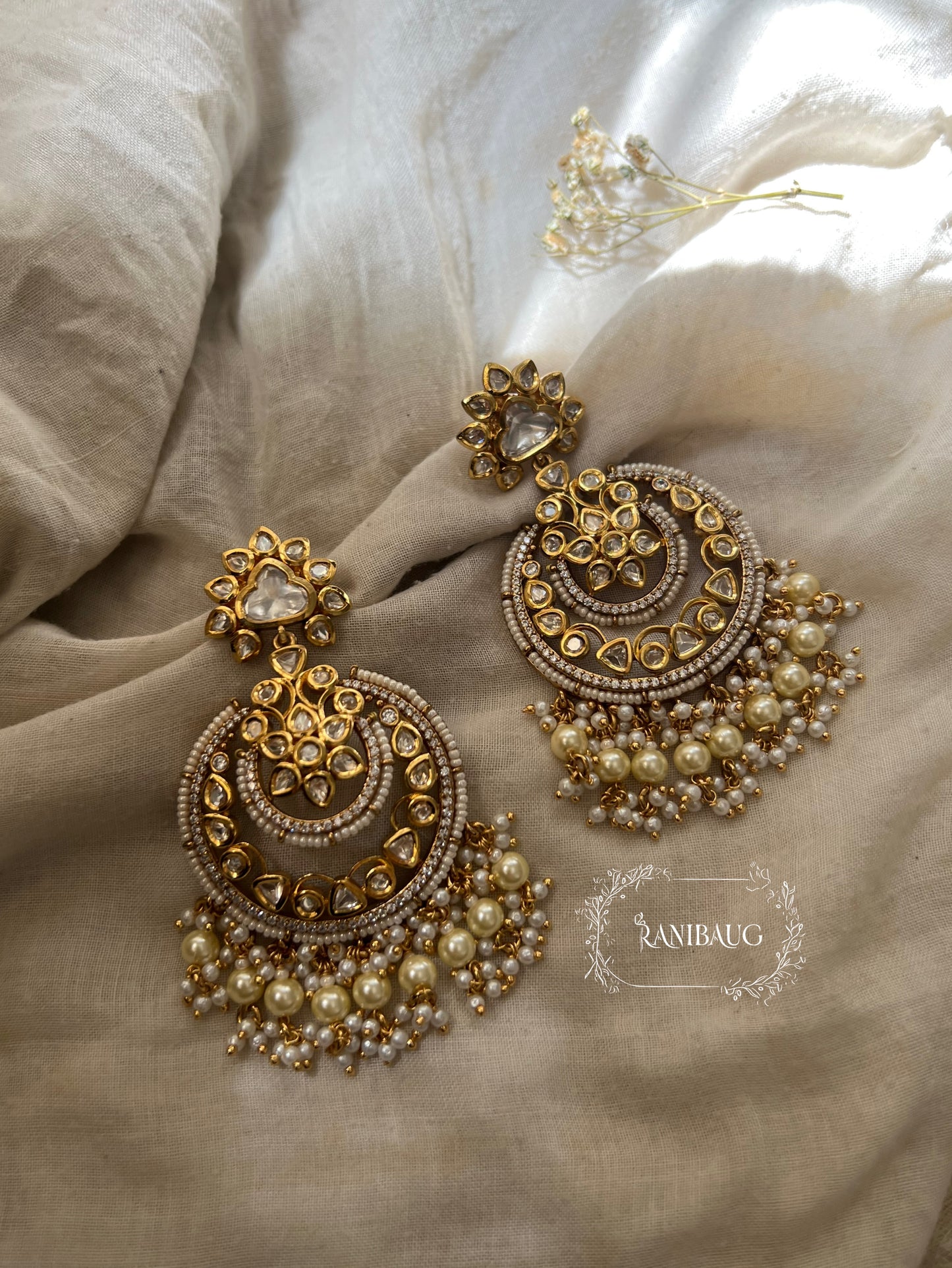 Devyani Kundan Blossom Pearl Chandbali Earrings | Ranibaug