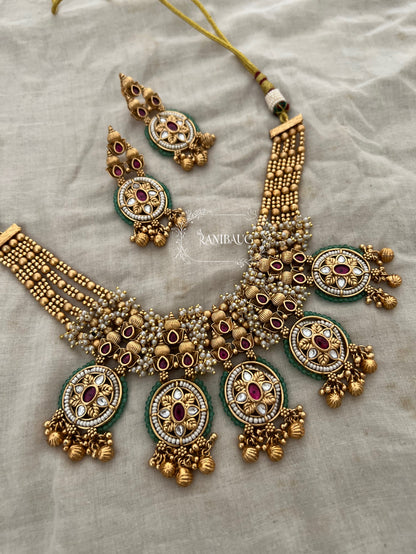 Devyani Kundan Gold Finish Polki Studded Bead Fringe Adorned Designer Heritage Necklace Jewelry Set By Ranibaug