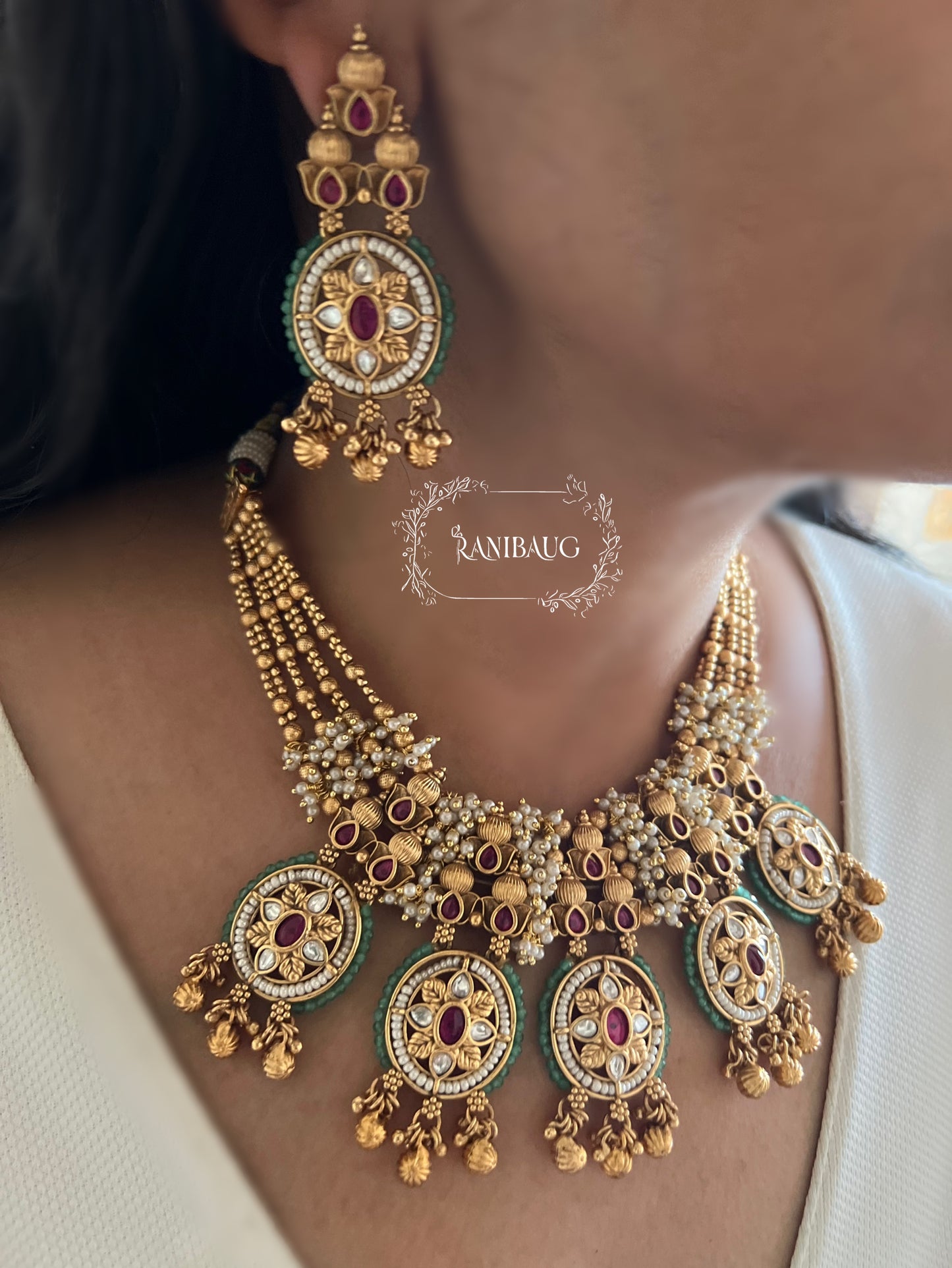 Devyani Kundan Gold Finish Polki Studded Bead Fringe Adorned Designer Heritage Necklace Jewelry Set By Ranibaug