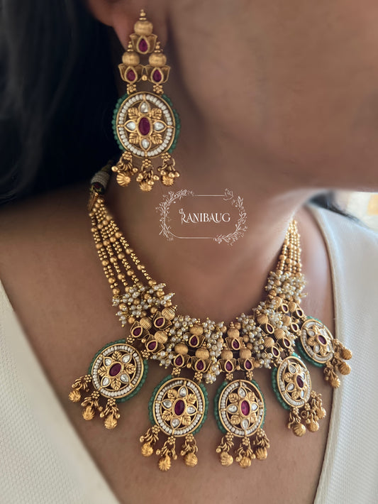 Devyani Kundan Gold Finish Polki Studded Bead Fringe Adorned Designer Heritage Necklace Jewelry Set By Ranibaug
