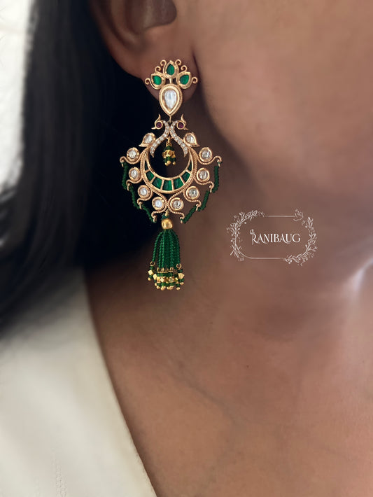 Devyani Peacock Motif Emerald Tassel Chandbali Earrings By Ranibaug