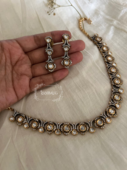 Devyani Single Victorian Finish Antique Gold Kundan Necklace Set By Ranibaug