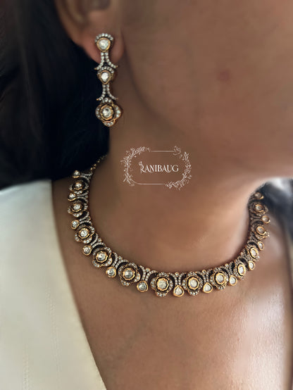 Devyani Single Victorian Finish Antique Gold Kundan Necklace Set By Ranibaug
