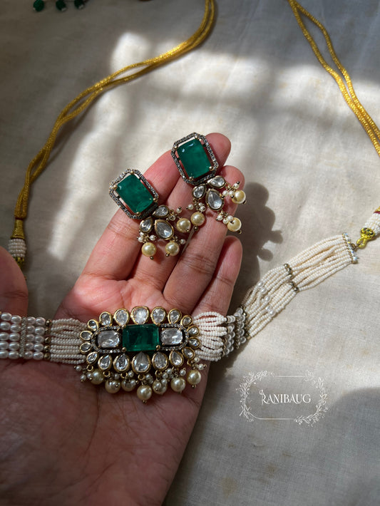 Dhruti Gold Finish Polki Studded Pearl Adorned Emerald Stone Multi Beaded Strand Choker Necklace Set By Ranibaug