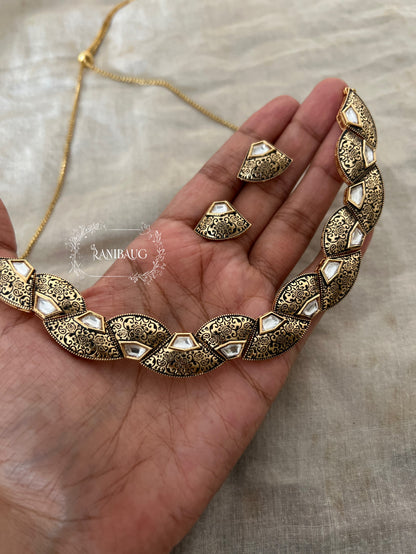 Dipika Antique Gold Finish Polki Studded Heritage Style Necklace Jewelry Set By Ranibaug