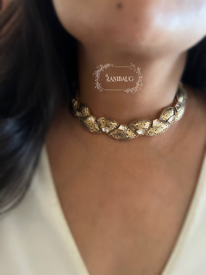 Dipika Antique Gold Finish Polki Studded Heritage Style Necklace Jewelry Set By Ranibaug