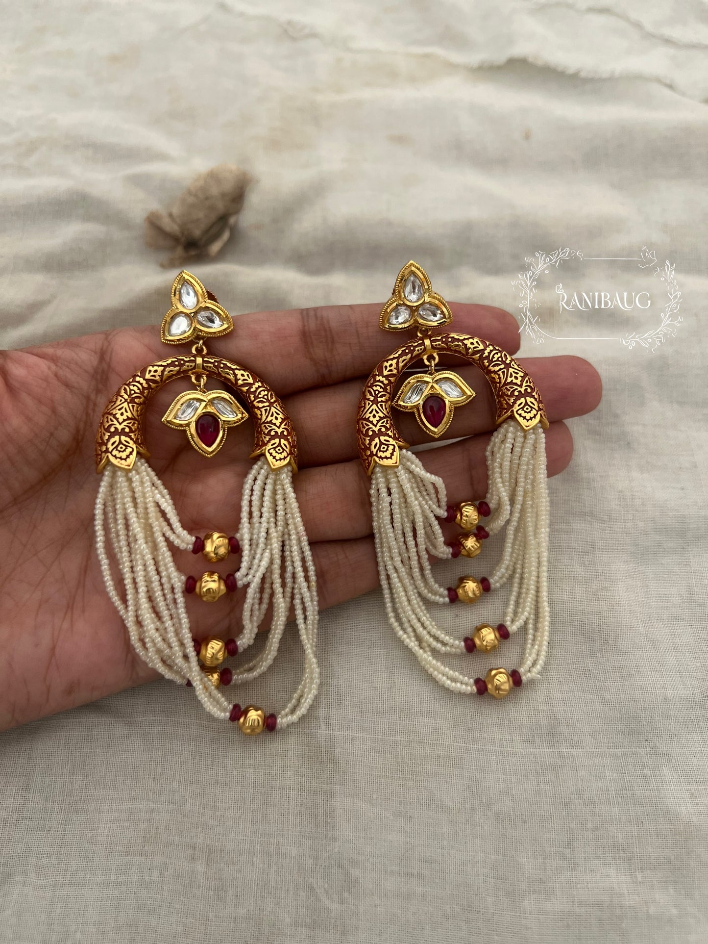 Dipti Designer Gold Plated Designer Pearl Fringe Earrings By Ranibaug
