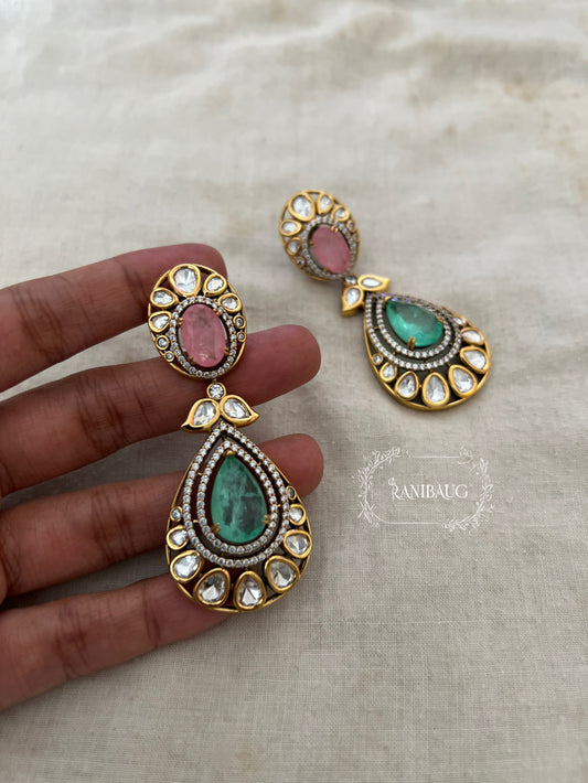 Disha Teardrop Gemstone And Polki Studded Antique Gold Finish Earrings By Ranibaug