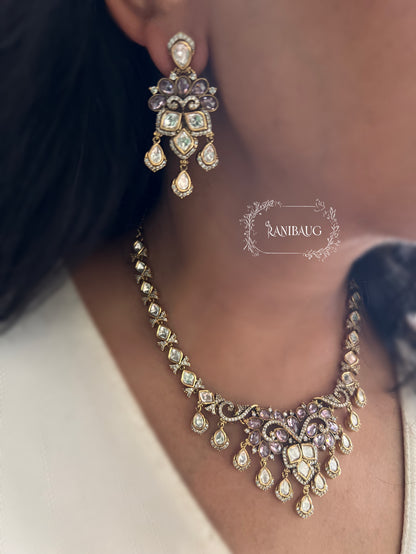 Diya Royal Blush Disney Princess Polki Drop Studded Antique Gold Finish Necklace Jewellery Set By Ranibaug