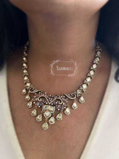 Diya Royal Blush Disney Princess Polki Drop Studded Antique Gold Finish Necklace Jewellery Set By Ranibaug