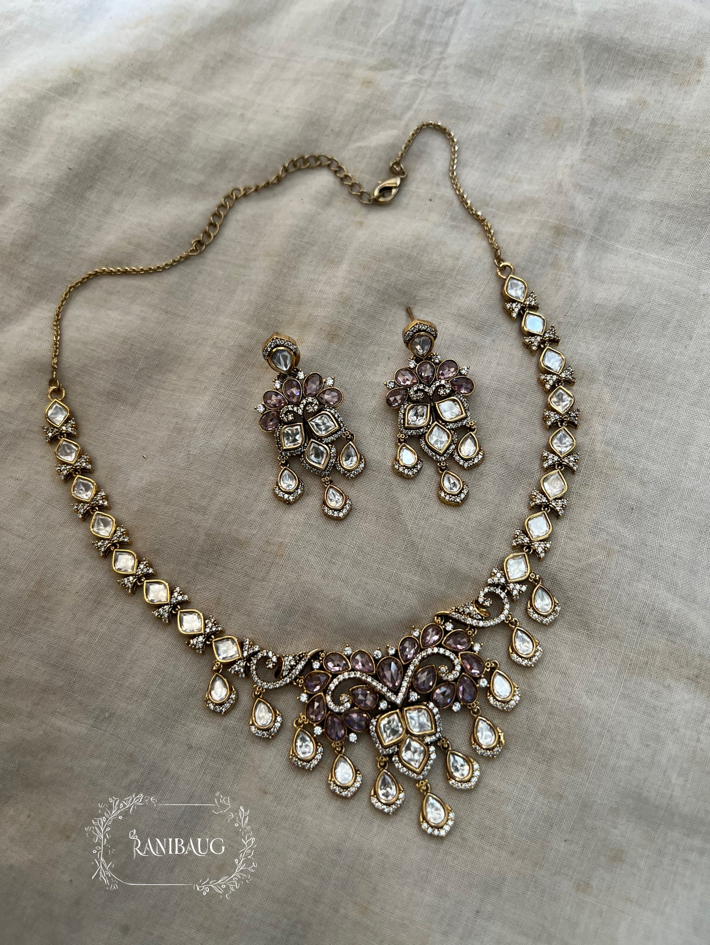 Diya Royal Blush Disney Princess Polki Drop Studded Antique Gold Finish Necklace Jewellery Set By Ranibaug