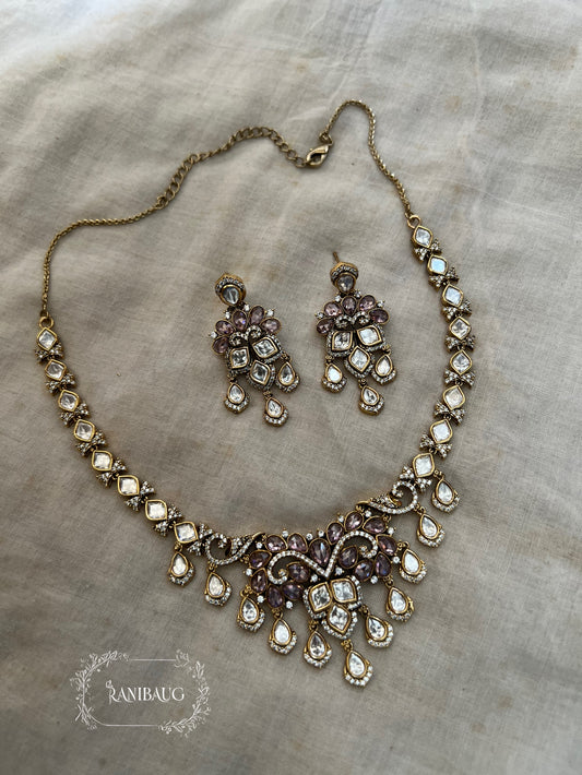 Diya Royal Blush Disney Princess Polki Drop Studded Antique Gold Finish Necklace Jewellery Set By Ranibaug