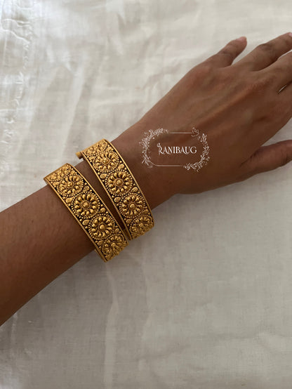 Diya Temple Carved Gold Finish Floral Designer Heritage Bangles By Ranibaug