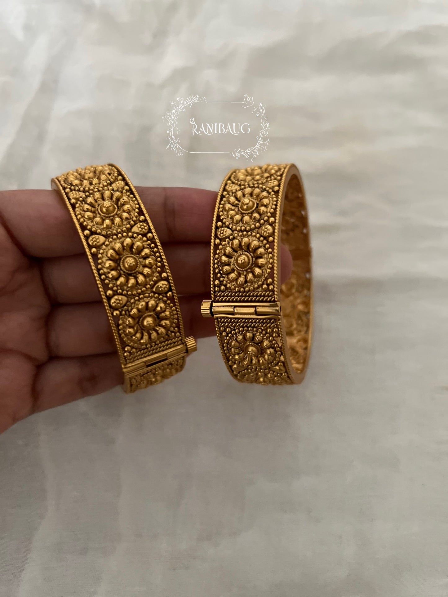 Diya Temple Carved Gold Finish Floral Designer Heritage Bangles By Ranibaug